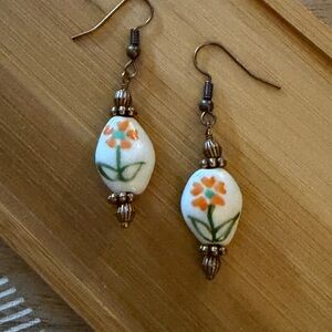 New Pretty Copper & Ceramic California Poppy Earrings With French Wire Hooks